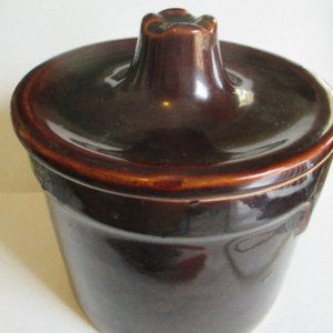 Brown glazed crock vintage ceramic stoneware crock jar cannister with lid